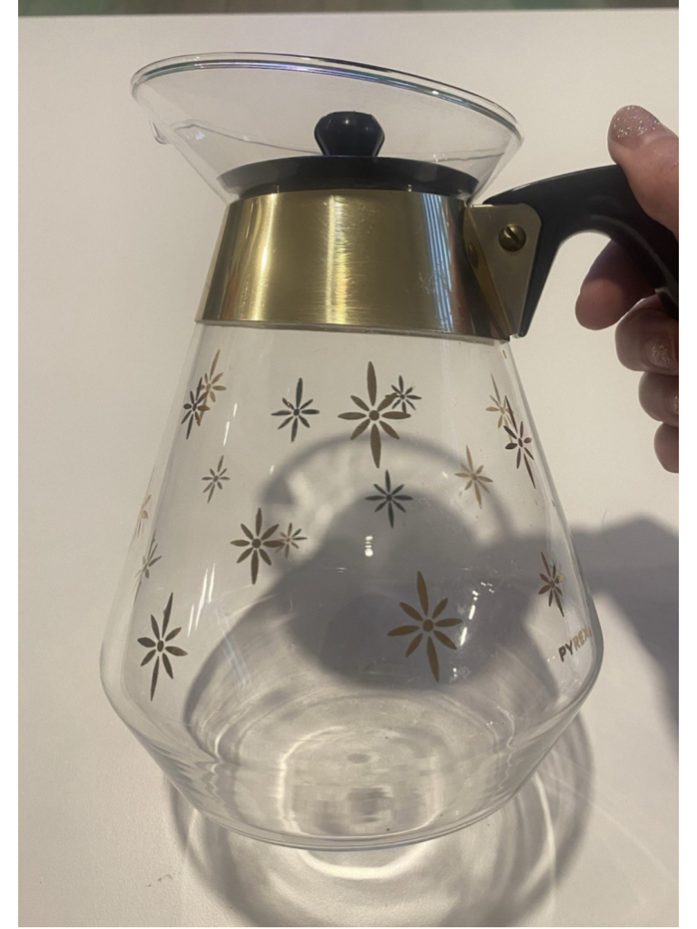 Vintage Pyrex 8 Cup Coffee Carafe Gold Atomic Starburst Glass Pot w Lid & Handle